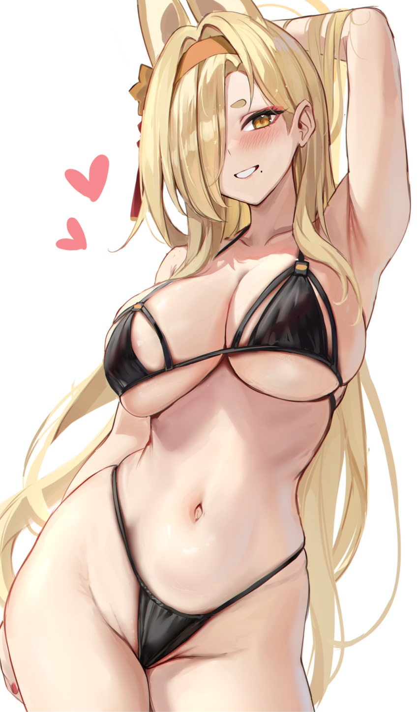 1girl animal_ears arm_behind_head armpits bare_shoulders bikini black_bikini blonde_hair blue_archive blush breasts collarbone commentary fingernails hair_over_one_eye hairband halo heart highleg highleg_bikini highleg_swimsuit highres kaho_(blue_archive) large_breasts long_hair looking_at_viewer mole mole_under_mouth navel orange_hairband red_nails simple_background skindentation smile solo standing stomach stone_(ksorede) string_bikini swimsuit thighs very_long_hair white_background yellow_eyes yellow_halo