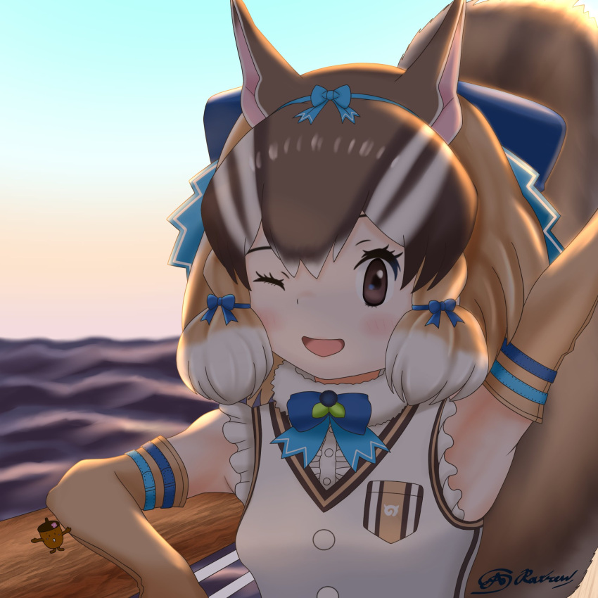 1girl acorn animal_ears arm_up belt brown_eyes brown_hair chipmunk_ears chipmunk_girl chipmunk_tail elbow_gloves extra_ears gloves highres kemono_friends kemono_friends_v_project looking_at_viewer microphone ocean one_eye_closed ratrenarms ribbon shirt short_hair siberian_chipmunk_(kemono_friends) sleeveless sleeveless_shirt tail vest virtual_youtuber