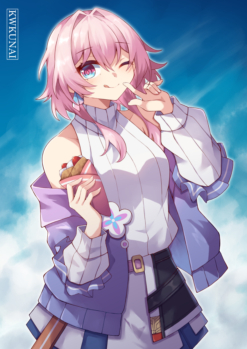 1girl ;) ;q absurdres bare_shoulders blue_eyes blue_jacket blue_sky cloud commentary cowboy_shot crepe day food gradient_eyes gradient_jacket hair_intakes hands_up highres holding holding_food honkai:_star_rail honkai_(series) jacket kwkunai long_hair long_sleeves looking_at_viewer march_7th_(honkai:_star_rail) multicolored_eyes one_eye_closed pink_hair purple_eyes purple_jacket ribbed_sweater skirt sky sleeveless sleeveless_turtleneck smile solo standing sweater tongue tongue_out turtleneck white_skirt white_sweater