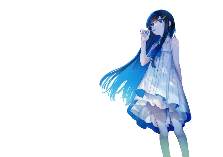 1girl absurdres aqua_hair arm_behind_back armpit_crease ascot black_hair blowing_bubbles blue_ascot blue_eyes blue_gemstone blue_hair brooch bubble bubble_pipe buttons cevio collared_dress colored_inner_hair dress feet_out_of_frame floating_hair frilled_dress frills futaba_minato gem hair_ornament hairclip hand_up highres hitoba holding jewelry long_hair looking_ahead multicolored_hair official_art second-party_source sidelocks simple_background sleeveless sleeveless_dress solo standing transparent_background two-tone_hair white_dress