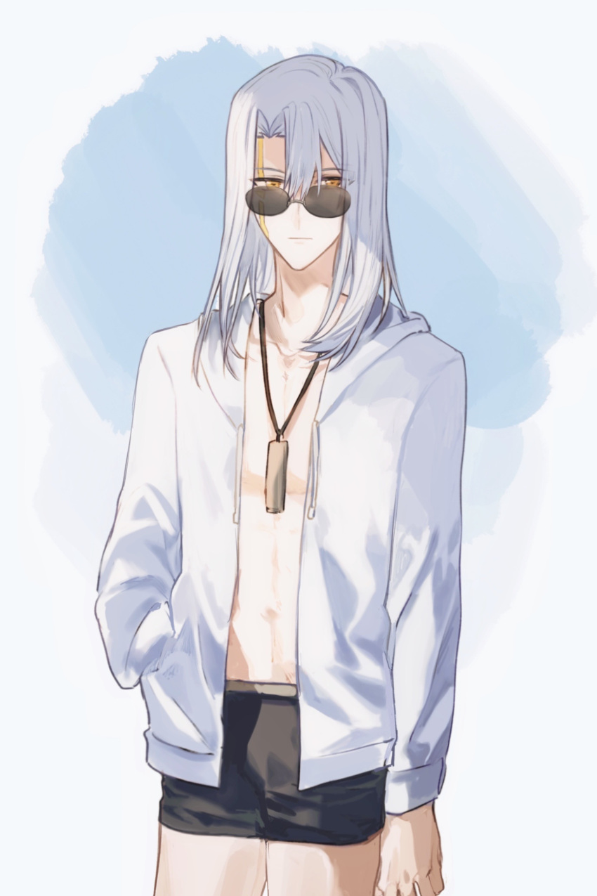 1boy absurdres alternate_costume bad_id bad_lofter_id bare_pectorals bishounen black_male_swimwear blue_background cowboy_shot expressionless facial_mark facial_tattoo grey_hair hair_between_eyes hand_in_pocket harmonica highres hood hooded_jacket instrument jacket jewelry kiryu_kyosuke long_hair looking_at_viewer male_focus male_swimwear naoki_(2rzmcaizerails6) navel necklace open_clothes open_jacket pectorals round_eyewear solo sunglasses tattoo upper_body white_jacket yellow_eyes yu-gi-oh! yu-gi-oh!_5d's