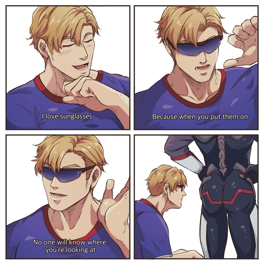 2boys ao_isami ass back bara black_bodysuit blonde_hair blush bodysuit closed_eyes english_text hal_(harenchiou) highres lewis_smith male_focus multiple_boys muscular muscular_male open_mouth purple_shirt shirt short_hair smile sunglasses yaoi yuuki_bakuhatsu_bang_bravern