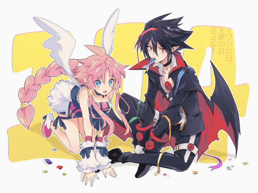 1boy 1girl angel angel_wings black_hair blue_eyes cape demon_boy disgaea fish_in_mouth gloves hair_between_eyes highres issa_(sorako45) makai_senki_disgaea_4 pants pink_footwear pink_hair pointy_ears red_eyes sardine shoes sidelocks smile valvatorez_(disgaea) vampire vulcanus_(disgaea_4) wings