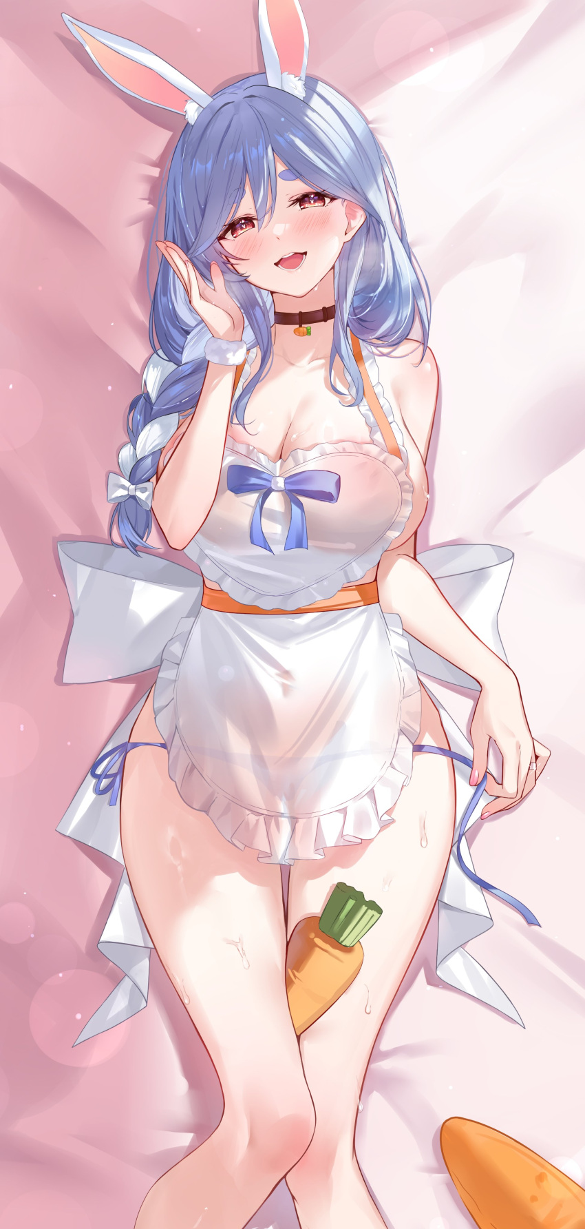 absurdres animal_ears apron back_bow blue_hair blue_panties blush bow braid braided_ponytail carrot commentary covered_nipples double-parted_bangs feet_out_of_frame frilled_apron frills hair_between_eyes hair_bow hand_up hashtag-only_commentary heart_apron heiyan_shenshi highres hololive long_hair looking_at_viewer lying multicolored_hair nearly_naked_apron no_bra on_back open_mouth panties pekomama pink_nails rabbit-shaped_pupils rabbit_ears rabbit_girl red_eyes short_eyebrows side-tie_panties streaked_hair string_panties stuffed_toy symbol-shaped_pupils underwear untied_panties virtual_youtuber white_apron white_bow white_hair