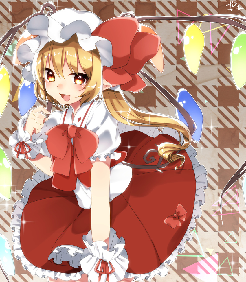 :d abe_suke bangs blonde_hair blush bow bowtie checkered checkered_background cowboy_shot eyebrows_visible_through_hair flandre_scarlet hair_between_eyes hat hat_bow highres long_hair looking_at_viewer mob_cap open_mouth pointy_ears red_bow red_neckwear red_skirt short_sleeves side_ponytail signature skirt skirt_set slit_pupils smile solo touhou white_hat yellow_eyes