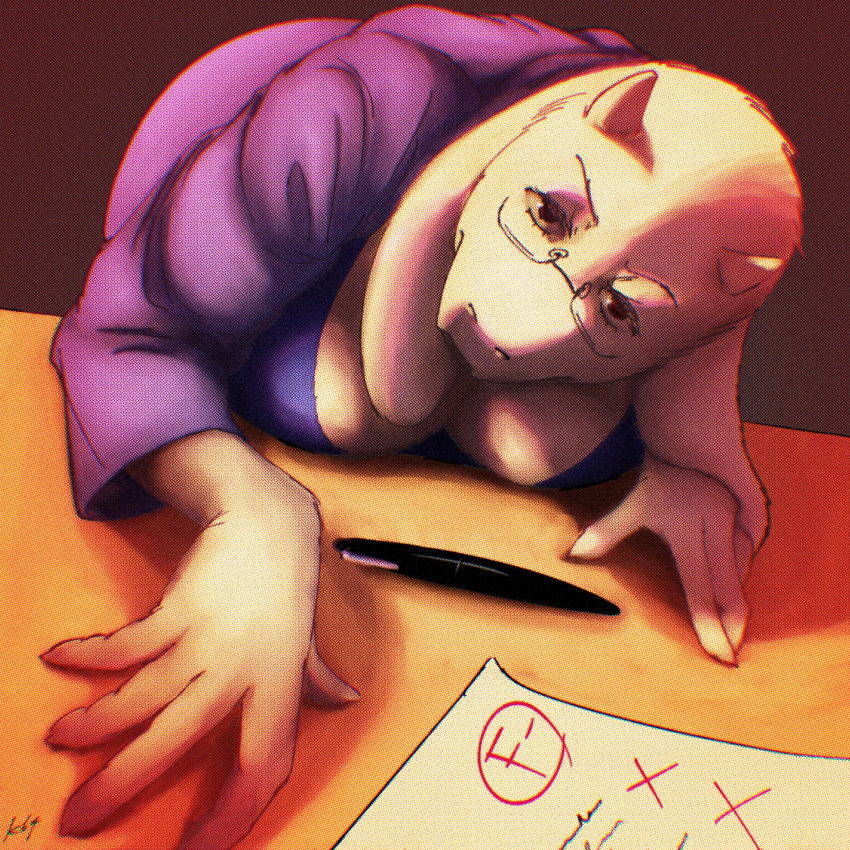 1:1 2024 anthro boss_monster_(undertale) bovid breasts caprine cleavage clothed clothing deltarune down_blouse eyewear female fur glasses goat hi_res horn komm64 leaning leaning_forward looking_at_viewer mammal mature_female pen solo toriel undertale_(series) white_body white_fur