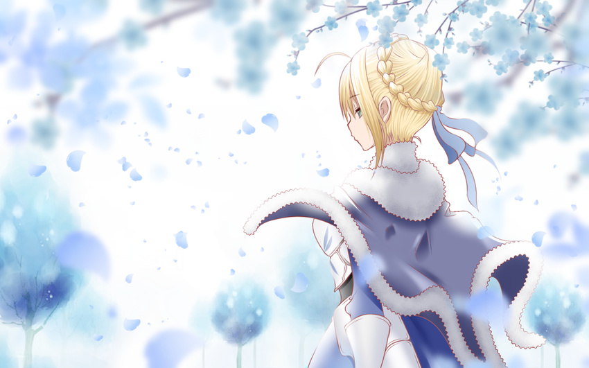 ahoge armor armored_dress artoria_pendragon_(all) blonde_hair blue_cape blue_ribbon cape fate_(series) green_eyes hair_ribbon petals ribbon saber short_hair solo susisasimi tree upper_body