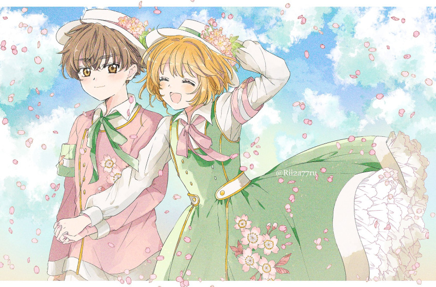 1boy 1girl armband bad_id bad_twitter_id blue_sky blush brown_eyes brown_hair cardcaptor_sakura cherry_blossoms closed_eyes cloud couple dress frilled_dress frills green_dress green_ribbon hat hetero highres holding_hands jacket kinomoto_sakura li_syaoran looking_at_another neck_ribbon open_mouth orange_hair petals pink_jacket pink_ribbon ribbon rii2a77ru short_hair sky smile