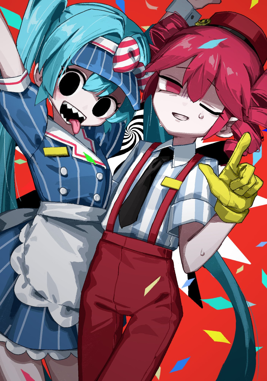 2girls apron arms_up black_eyes black_necktie blue_dress blue_hair confetti cowboy_shot dress drill_hair empty_eyes false_smile finger_gun gloves grin hand_up hatsune_miku highres himurohiromu kasane_teto long_hair looking_at_viewer mesmerizer_(vocaloid) multiple_girls necktie one_eye_closed open_mouth pink_eyes pink_hair pinstripe_dress pinstripe_pattern puffy_short_sleeves puffy_sleeves sharp_teeth short_sleeves smile suspenders teeth twin_drills twintails utau very_long_hair vocaloid white_apron yellow_gloves