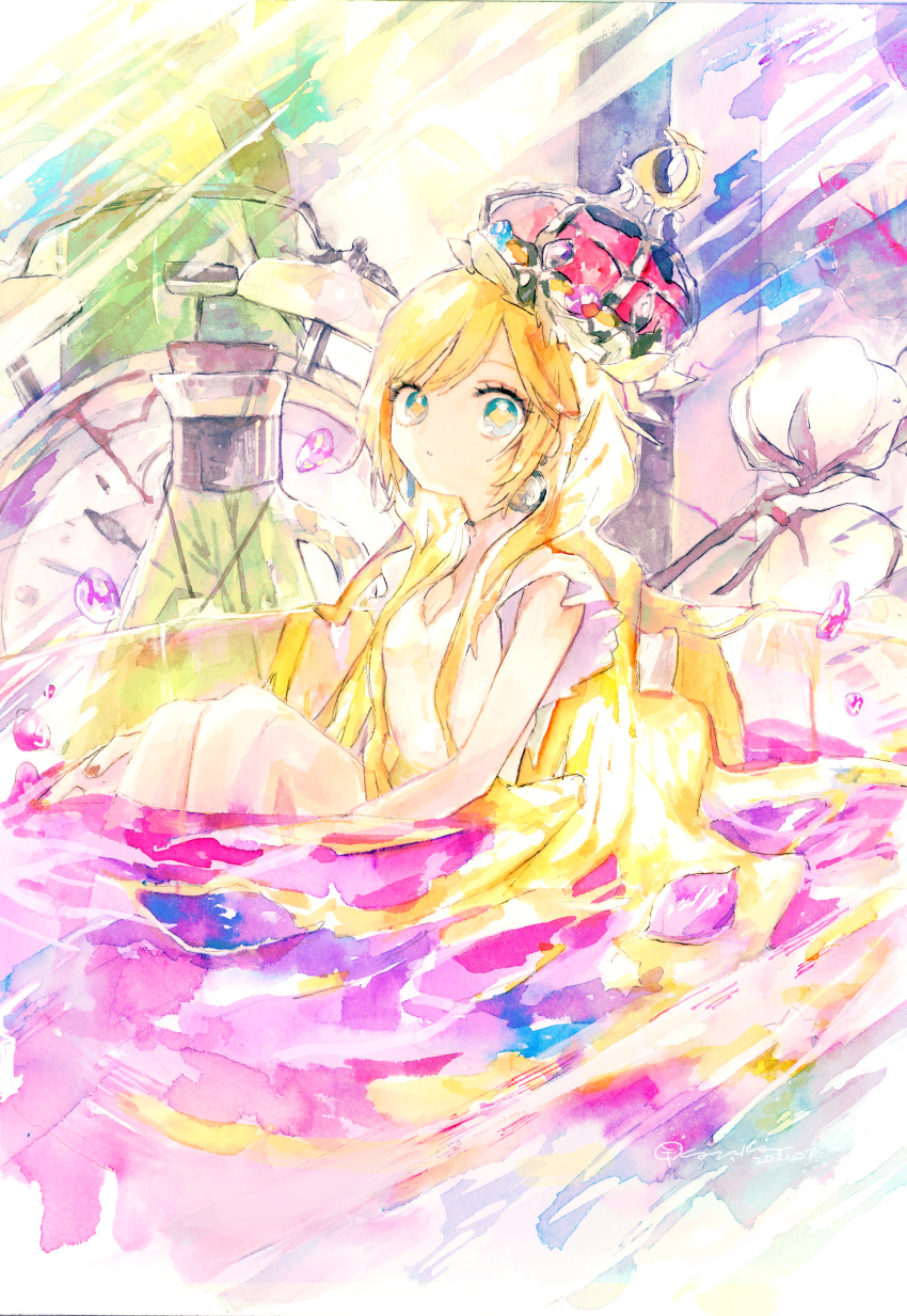 1girl absurdres alarm_clock bathtub blonde_hair clock crown dress flower green_eyes highres kazuka knees_up long_hair looking_at_viewer mini_person minigirl original painting_(medium) petals sitting solo traditional_media watercolor_(medium) white_dress