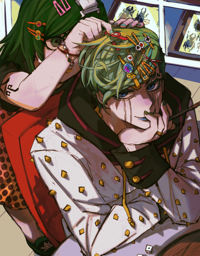 2boys absurdres beetle blue_eyes bracelet bug chair child club_(shape) diamond_(shape) display_case dress facial_mark father_and_son green_eyes green_hair hair_ornament hairclip hand_on_own_chin hands_on_another's_head heart higashikata_jobin higashikata_tsurugi highres jewelry jojo_no_kimyou_na_bouken jojolion male_focus multiple_boys nail_polish otoko_no_ko paper_moon_king ring sitting spade_(shape) spikes swampland