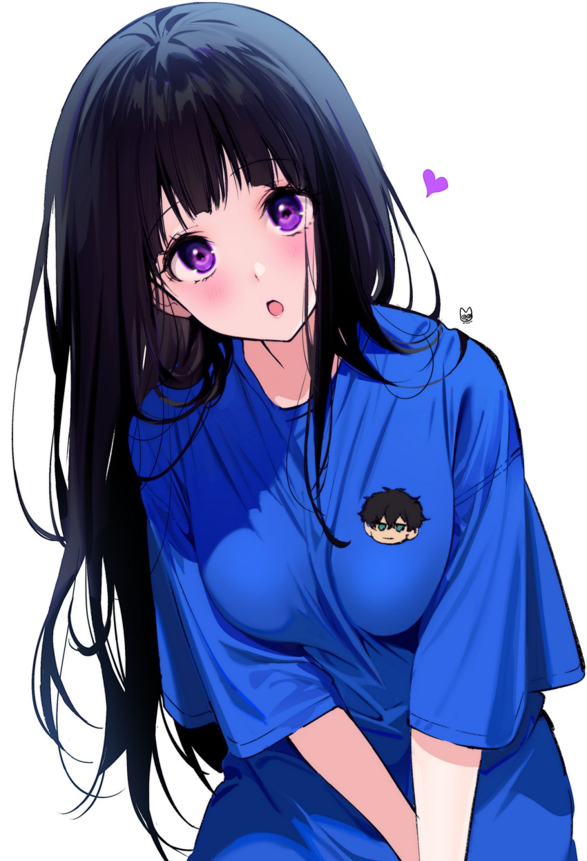 1girl :o alternate_costume artist_logo black_hair blue_eyes blue_shirt blush breasts chitanda_eru highres hyouka large_breasts leaning_forward long_hair mery_(yangmalgage) oreki_houtarou purple_eyes shirt short_sleeves simple_background solo