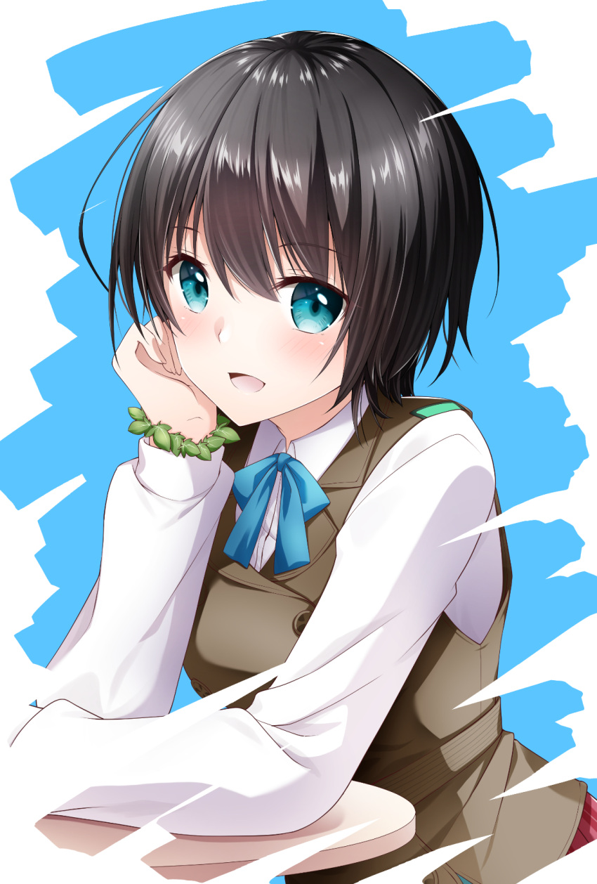 1girl :d aoi_erika aqua_eyes black_hair blue_background blue_ribbon blush brown_vest chibinon collared_shirt commentary eyes_visible_through_hair hair_between_eyes hand_up happy head_rest heaven_burns_red highres leaf_wreath long_sleeves looking_at_viewer neck_ribbon open_mouth paid_reward_available ribbon school_uniform shirt short_hair simple_background smile solo tsurime upper_body vest white_shirt wreath