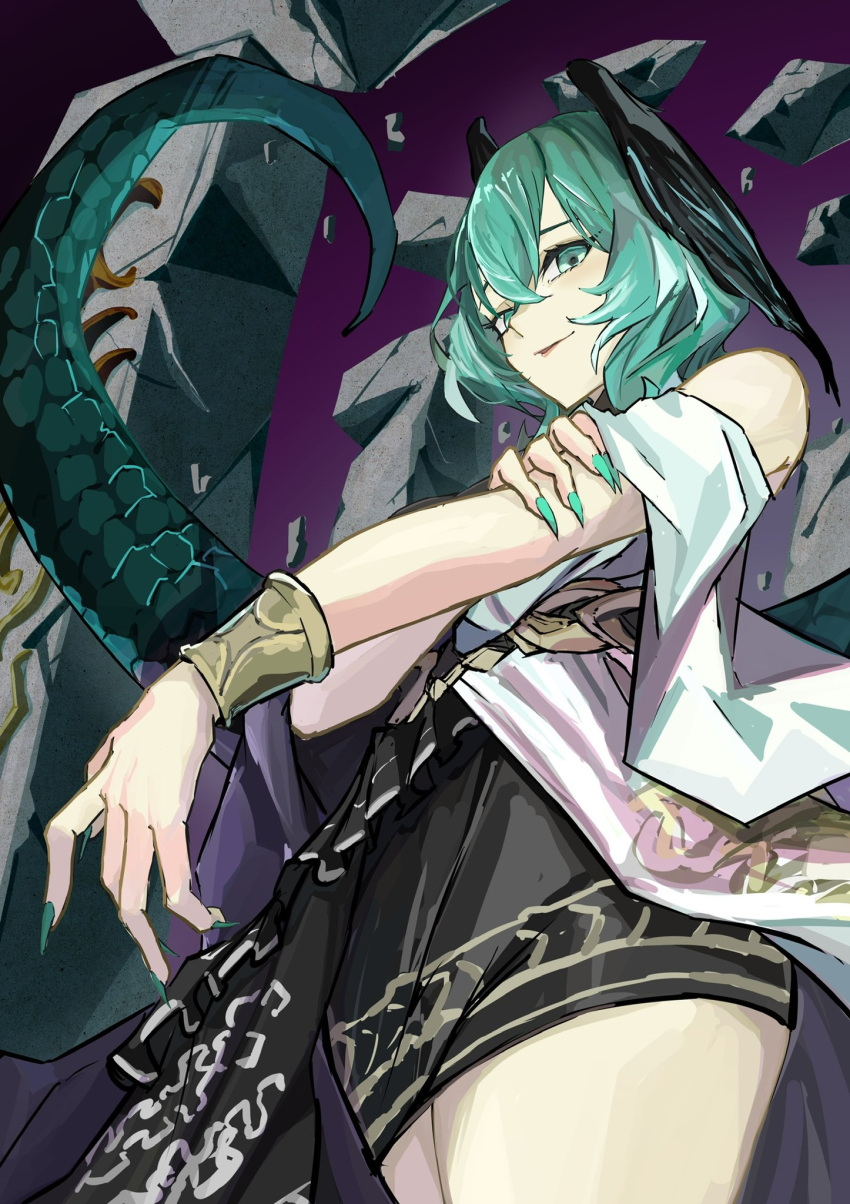1girl ambience_synesthesia aqua_eyes aqua_nails aqua_wings arknights bare_shoulders black_dress bracelet cowboy_shot dress feathered_wings hair_between_eyes head_wings highres ho'olheyak_(arknights) ho'olheyak_(carriage_of_the_winds_of_time)_(arknights) jewelry long_tail looking_at_viewer maf_clothes medium_hair official_alternate_costume sidelocks smile snake_tail solo standing strapless strapless_dress tail two-tone_wings wings