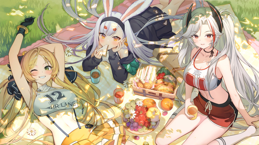 3girls animal_ears arm_behind_head arms_up artist_request azur_lane black_choker black_jacket black_ribbon black_skirt blonde_hair breasts brown_eyes burger chicken_leg chinese_commentary choker cleavage clothes_writing commentary_request crop_top cross-laced_clothes cup dappled_sunlight day drink eating feet_out_of_frame flower food fruit grapes grass green_eyes grey_hair grin hair_ornament hair_ribbon hand_on_own_cheek hand_on_own_face highres hikimayu holding holding_cup holding_drink holding_sandwich hornet_(azur_lane) hornet_(cheering_justice!)_(azur_lane) jacket kneehighs large_breasts long_hair looking_at_viewer lying midriff multicolored_hair multiple_girls navel official_alternate_costume official_art on_back on_stomach one_eye_closed orange_(fruit) outdoors picnic picnic_basket picnic_blanket pleated_skirt prinz_eugen_(azur_lane) prinz_eugen_(brilliant_touchdown)_(azur_lane) rabbit_ears rabbit_girl red_shorts ribbon sandwich second-party_source shimakaze_(azur_lane) shorts sitting skirt sleeveless smile socks strawberry streaked_hair sunlight suspender_skirt suspenders twintails two_side_up very_long_hair wariza white_flower white_hair white_socks yellow_eyes yellow_skirt