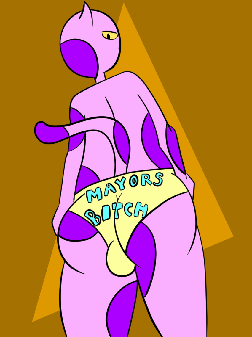 animal_crossing anthro big_butt black_eyes bob_(animal_crossing) bulge bulge_from_behind butt butt_focus clothed clothing curlyboy fur hand_on_hip hi_res looking_back low-angle_view male markings nintendo panties pupils purple_body rear_view slit_pupils solo spots spotted_body spotted_fur tail text text_on_clothing underwear underwear_only yellow_clothing yellow_panties yellow_sclera yellow_underwear