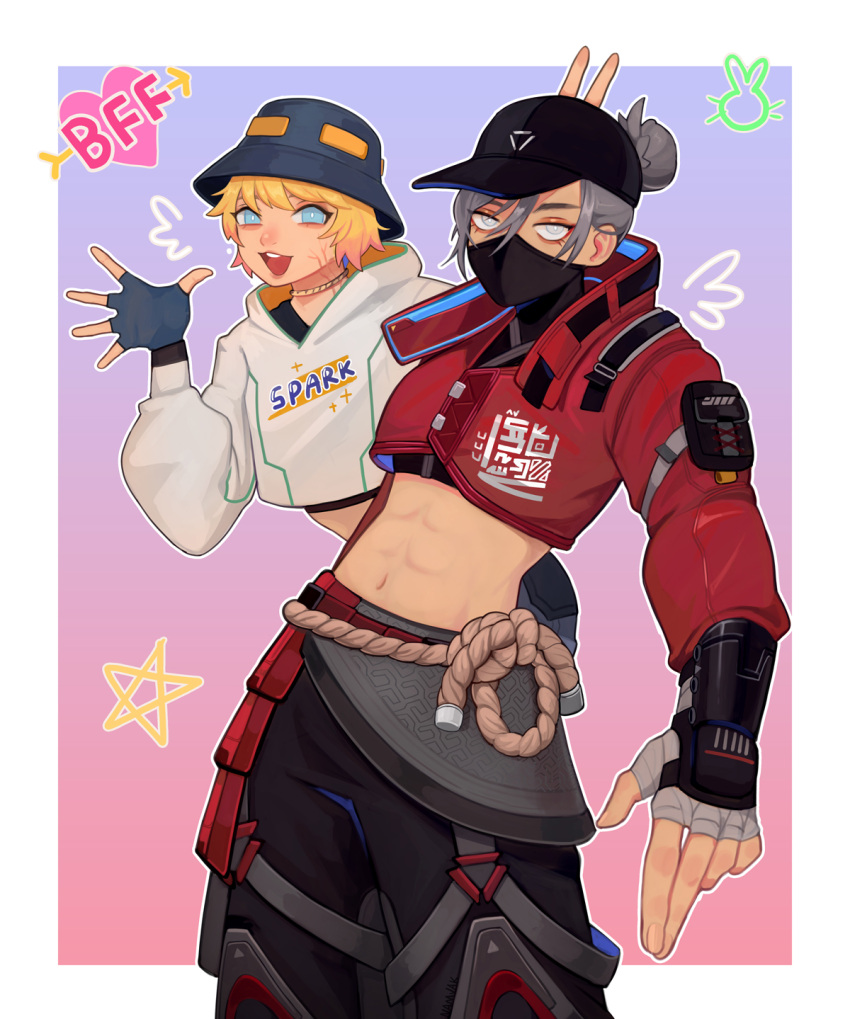 2girls abs animification apex_legends baseball_cap black_hat black_shirt blonde_hair blue_gloves blue_hat border bucket_hat colored_tips commentary cropped_hoodie cropped_jacket cropped_shirt fingerless_gloves gloves gold_choker gradient_background grey_gloves grey_hair hair_behind_ear hair_bun hat heart highres hood hoodie jacket looking_at_viewer mask mouth_mask multicolored_hair multiple_girls namjak navel official_alternate_costume pink_hair red_jacket shirt single_hair_bun smile star_(symbol) street_smart_wraith symbol-only_commentary wattson_(apex_legends) white_border white_hoodie wraith_(apex_legends)