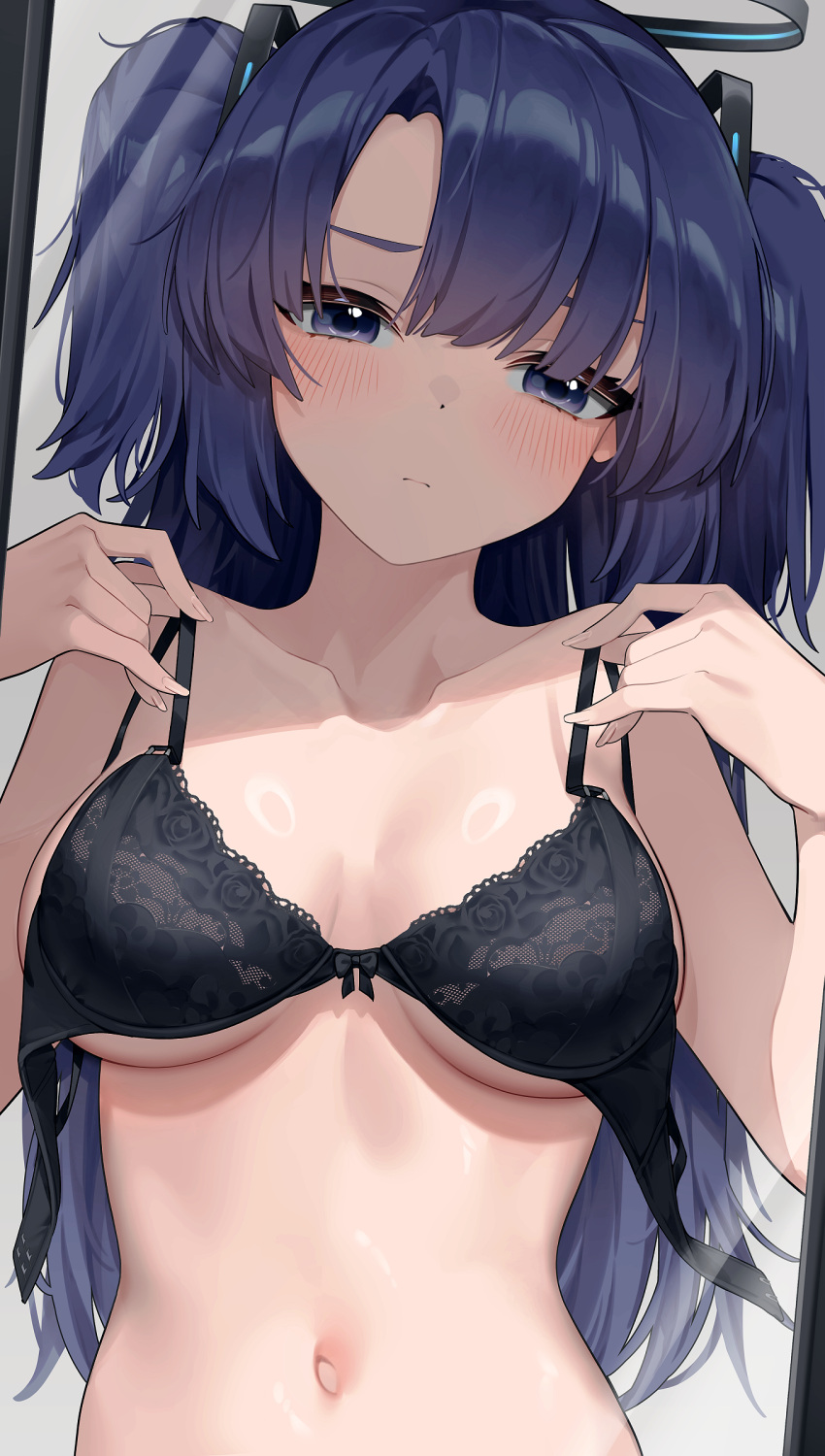 1girl absurdres black_bra blue_archive blush bra breasts halo highres long_hair looking_at_viewer medium_breasts mirror navel purple_eyes purple_hair reflection solo stomach two_side_up underwear underwear_only undone_bra upper_body very_long_hair wakamepiza yuuka_(blue_archive)