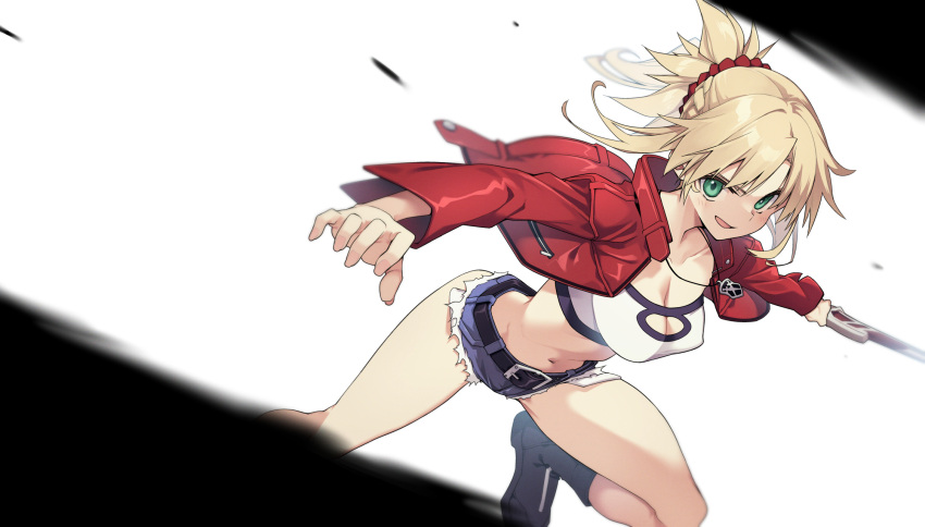 10mo 1girl bandeau black_footwear blonde_hair boots braid breasts clarent_(fate) cleavage cutoffs denim denim_shorts dynamic_pose fate/apocrypha fate/grand_order fate_(series) french_braid green_eyes hair_ornament hair_scrunchie highres holding holding_sword holding_weapon jacket jewelry looking_at_viewer mordred_(fate) navel necklace ponytail red_jacket red_scrunchie scrunchie short_shorts shorts simple_background slashing solo sword weapon white_background