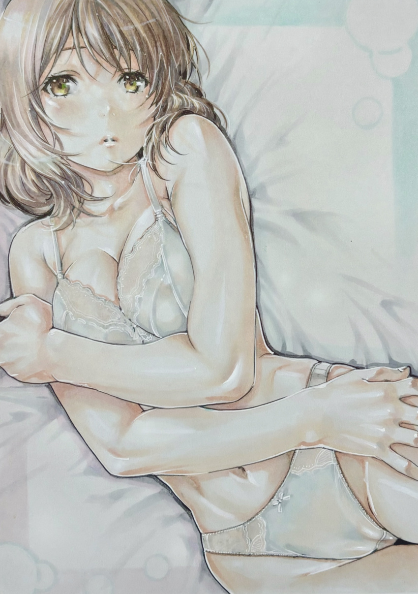 1girl absurdres arm_under_breasts bed_sheet bow bow_panties bra breasts breasts_squeezed_together brown_eyes brown_hair cameltoe cleavage closed_mouth collarbone groin hand_on_own_thigh hibike!_euphonium highleg highleg_panties highres katsu_(24791909) lace-trimmed_bra lace_trim lips looking_at_viewer lying marker_(medium) medium_breasts medium_hair navel on_back oumae_kumiko panties solo traditional_media underwear underwear_only white_bra white_panties