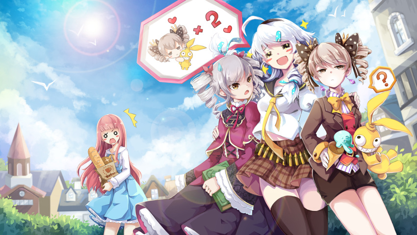 4girls ahoge benghuai_xueyuan bird black_thighhighs blue_sky book bow bread bronya_zaychik brown_eyes building character_name character_request cloud crossover drill_hair earrings food grey_eyes grey_hair hair_bow hair_ornament hairband hairclip highres holding holding_book holding_food holding_ice_cream holding_stuffed_toy homu_(honkai_impact) honkai_(series) ice_cream jewelry kiana_kaslana long_hair multiple_girls nikki_up2u2:_world_traveller official_art outdoors pink_hair skirt sky stuffed_toy thighhighs third-party_source trait_connection twin_drills white_hair