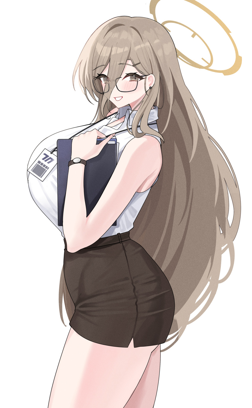 1girl absurdres akane_(blue_archive) alternate_breast_size alternate_costume black-framed_eyewear blue_archive breasts brown_eyes brown_halo collared_shirt funaya_(a2brasd) glasses hair_between_eyes halo high-waist_skirt highres huge_breasts id_card light_brown_hair long_hair looking_at_viewer miniskirt office_lady pencil_skirt shirt simple_background skirt sleeveless sleeveless_shirt solo white_shirt