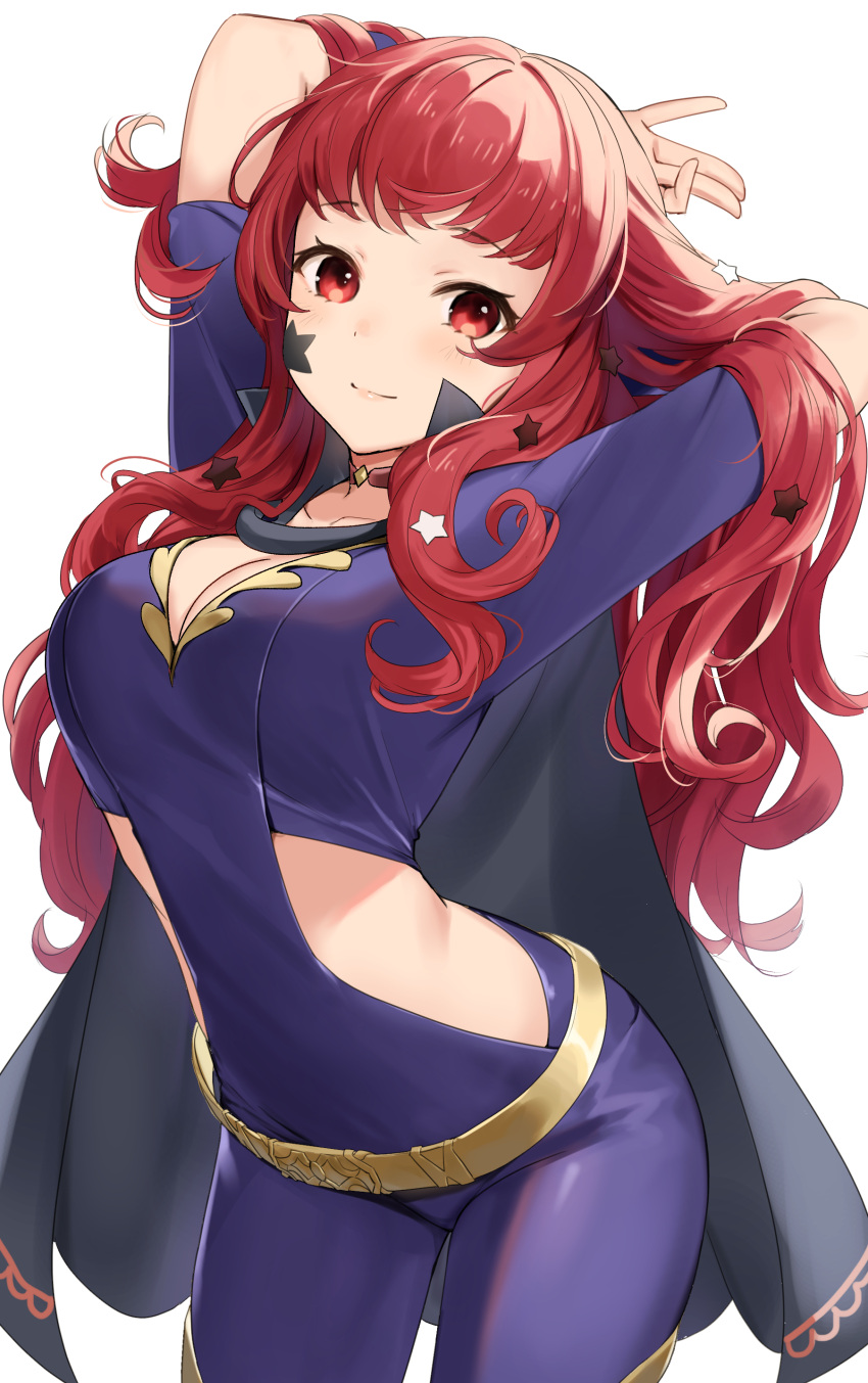 1girl absurdres arms_up belt black_capelet bodysuit breasts capelet cleavage clothing_cutout cowboy_shot facial_mark fire_emblem fire_emblem_engage haru_(nakajou-28) highres looking_at_viewer medium_breasts midriff red_hair short_sleeves side_cutout simple_background smile solo standing star_(symbol) thighs white_background yellow_belt yunaka_(fire_emblem)