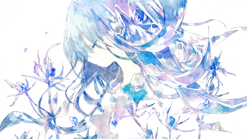 1girl blue_flower blue_hair closed_eyes floating_hair flower from_side highres kazuka monochrome original painting_(medium) shirt solo traditional_media upper_body watercolor_(medium) white_background white_shirt