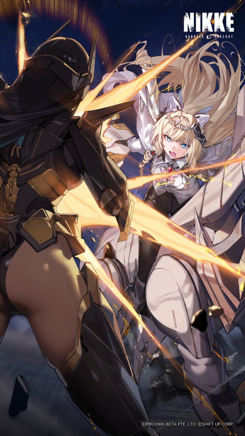 2girls artist_request ass black_hair black_pantyhose blonde_hair blue_hair charging_forward commentary cropped crown_(nikke) dress english_commentary frown goddess_of_victory:_nikke gun highres horseback_riding indivilia_(nikke) long_hair long_sleeves looking_at_another machine_gun multiple_girls non-humanoid_robot official_art open_mouth pantyhose riding robot robot_animal second-party_source standing trombe_(nikke) watermark weapon white_dress