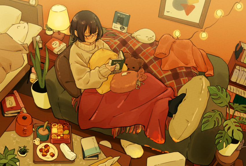 1girl bed black_hair black_socks blanket bob_cut book bookshelf closed_eyes cookie couch cup cushion food glasses highres holding holding_book indoors lamp long_sleeves matsumine_(twin-mix) nightstand on_couch open_book original pillow plant potted_plant slippers socks solo stuffed_animal stuffed_toy sweater tray turtleneck turtleneck_sweater