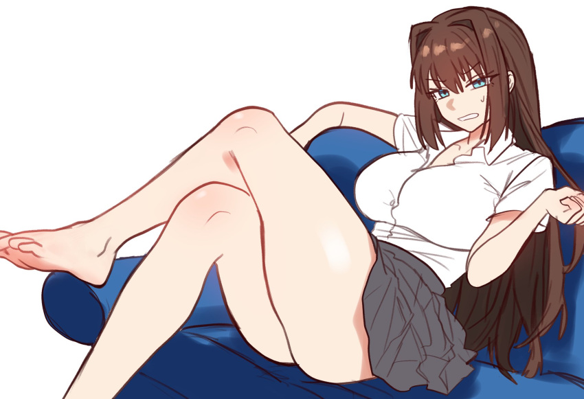 1girl aozaki_aoko barefoot blue_eyes breasts brown_hair collared_shirt couch crossed_legs ebora english_commentary grey_skirt hair_between_eyes hair_intakes highres large_breasts long_hair looking_at_viewer mahou_tsukai_no_yoru miniskirt on_couch parted_lips scowl shirt sitting skirt solo sweatdrop white_background white_shirt