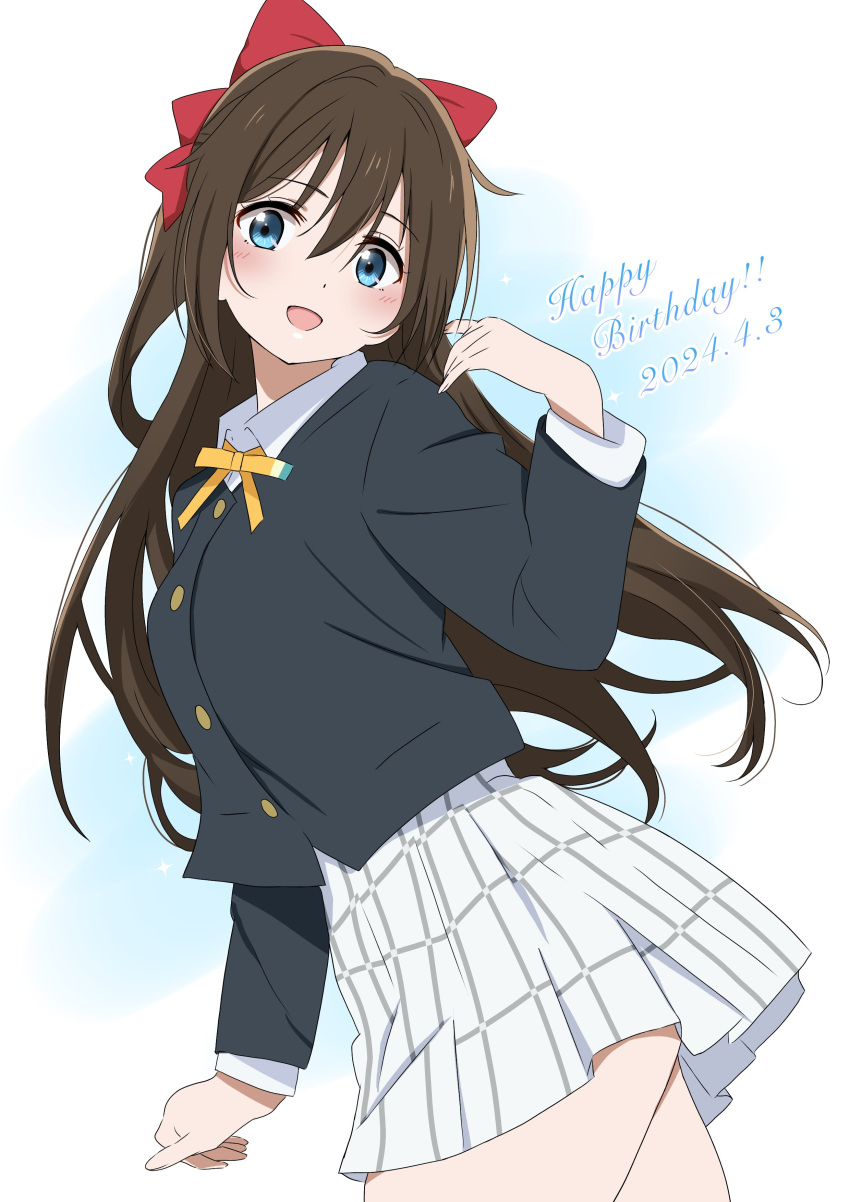 1girl absurdres blue_eyes bow brown_hair hair_bow happy_birthday highres ikesho0612 long_hair love_live! love_live!_nijigasaki_high_school_idol_club nijigasaki_academy_school_uniform osaka_shizuku school_uniform smile thighs