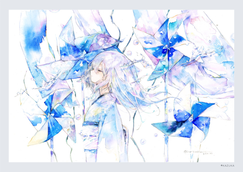 1girl blue_eyes blue_kimono closed_eyes floating_hair from_side highres japanese_clothes kazuka kimono long_hair obi original painting_(medium) sash solo traditional_media upper_body water_drop watercolor_(medium) white_background wind