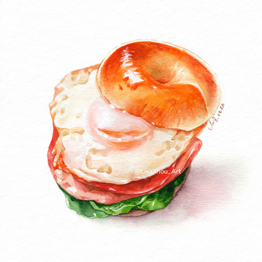 bagel bagel_sandwich bread egg_(food) food food_focus fried_egg ham lettuce lisazhou_art no_humans original white_background