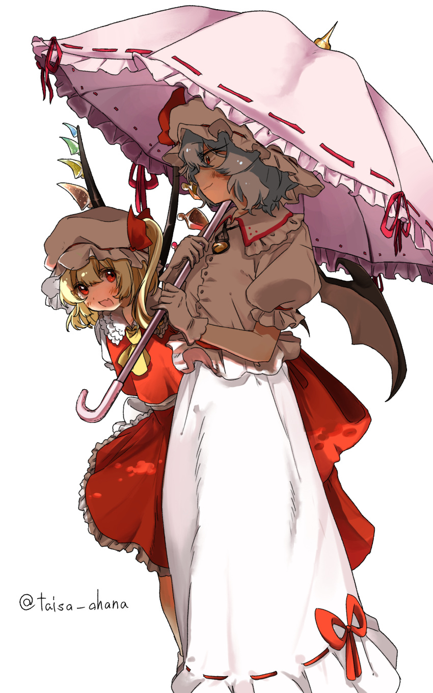 2girls :d absurdres ascot black_wings blonde_hair buttons closed_mouth crystal_wings fang feet_out_of_frame flandre_scarlet frilled_shirt_collar frilled_skirt frills gloves hat highres holding holding_umbrella leaning_forward looking_at_another mob_cap multiple_girls open_mouth parasol profile puffy_short_sleeves puffy_sleeves purple_hair red_eyes red_ribbon red_skirt red_vest remilia_scarlet ribbon ribbon-trimmed_skirt ribbon_trim shirt short_hair short_sleeves simple_background skin_fang skirt smile split_mouth standing taisa_matome_(taisa_ohana) touhou twitter_username umbrella vest white_background white_gloves white_hat white_shirt white_skirt wings yellow_ascot