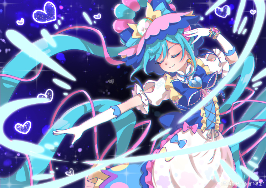 1girl adapted_costume artist_name back_bow blue_bow blue_bowtie blue_dress blue_hair bow bowtie brooch closed_eyes closed_mouth clothing_cutout commentary cure_spicy dated delicious_party_precure dress earrings facing_viewer fuwa_kokone gloves hair_bow heart heart_brooch huge_bow jewelry long_hair magical_girl medium_dress multicolored_hair pink_hair poma123poma precure puffy_short_sleeves puffy_sleeves rope short_sleeves side_ponytail smile solo standing streaked_hair streamers very_long_hair white_gloves