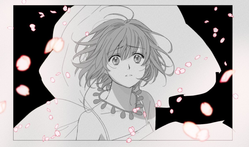 1girl antenna_hair bad_id bad_twitter_id dress jewelry looking_at_viewer monochrome necklace parted_lips petals rii2a77ru sakura_hime short_hair solo spot_color tsubasa_chronicle upper_body wind worried