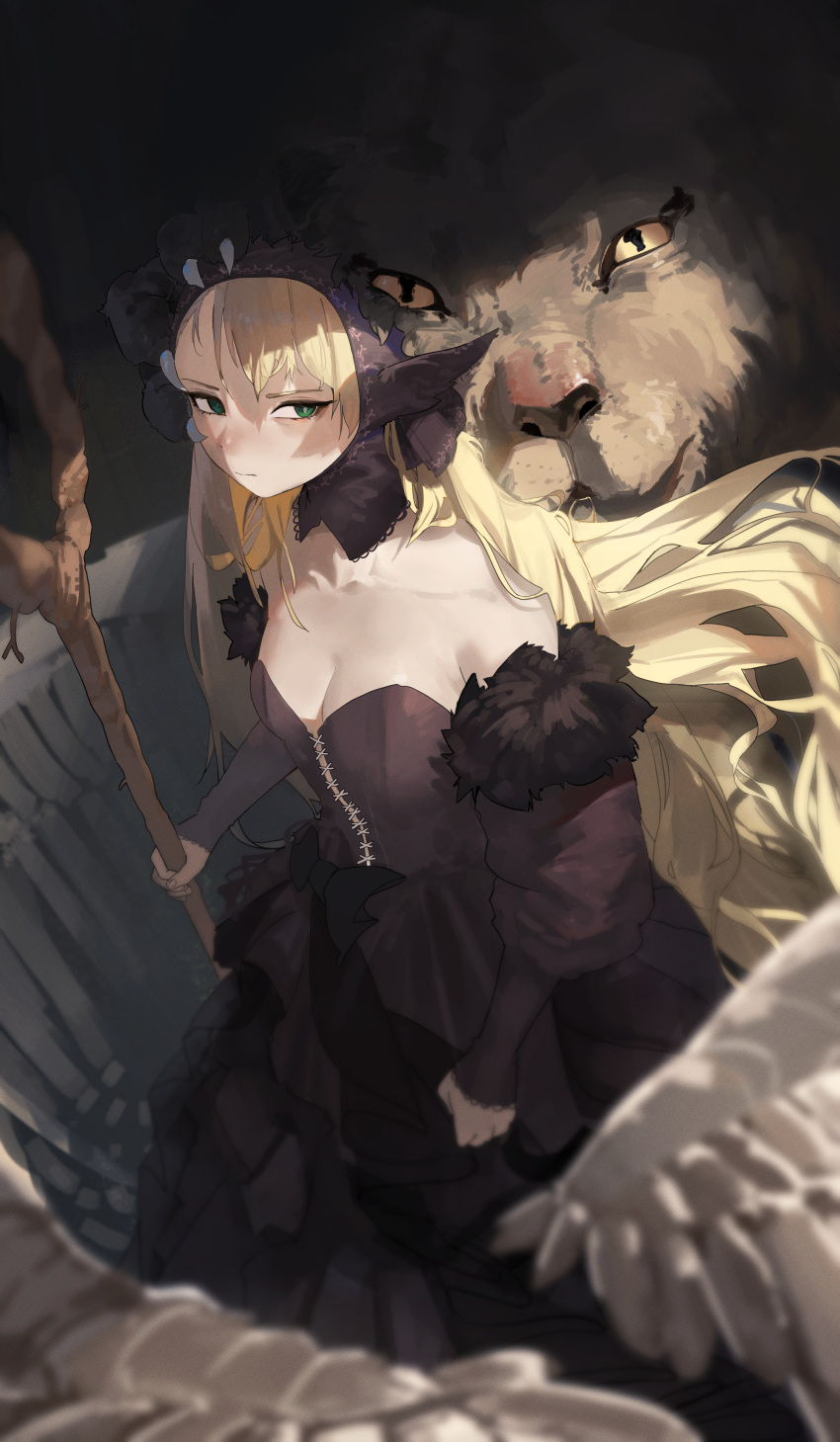 1girl absurdres animal bare_shoulders black_dress blurry blurry_foreground breasts bright_pupils cleavage collarbone depth_of_field detached_sleeves dress dungeon_meshi frilled_dress frills fur_trim green_eyes head_hold highres holding holding_staff lace_trim lion long_dress long_hair long_sleeves marcille_donato pointy_ears shuohis solo_focus staff strapless very_long_hair white_pupils yellow_eyes