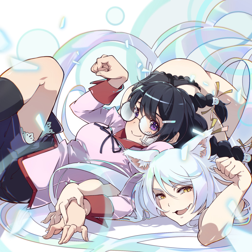 2girls :3 animal_ear_fluff animal_ears ass bakeneko black_hair black_hanekawa black_panties black_skirt black_socks braid breasts cat_ears cat_girl cat_hair_ornament closed_mouth commentary dual_persona english_commentary fang glasses hair_ornament hairclip hanekawa_tsubasa hatanana_(ag6uptphhal3frd) highres large_breasts long_hair looking_at_viewer monogatari_(series) multiple_girls naoetsu_high_school_uniform open_mouth panties paw_pose pink_shirt purple_eyes school_uniform shirt skirt slit_pupils smile socks twin_braids underwear very_long_hair white_hair yellow_eyes