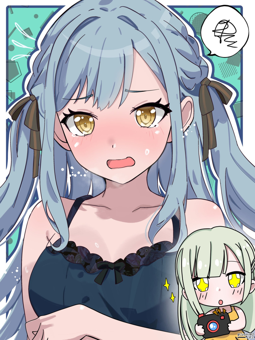 +_+ 2girls artist_name bang_dream! bang_dream!_it's_mygo!!!!! bare_arms black_camisole black_ribbon blue_hair blush camera camisole commentary green_hair hair_ribbon highres holding holding_camera izami_md long_hair multiple_girls open_mouth ribbon spoken_squiggle squiggle sweat togawa_sakiko two_side_up wakaba_mutsumi yellow_eyes
