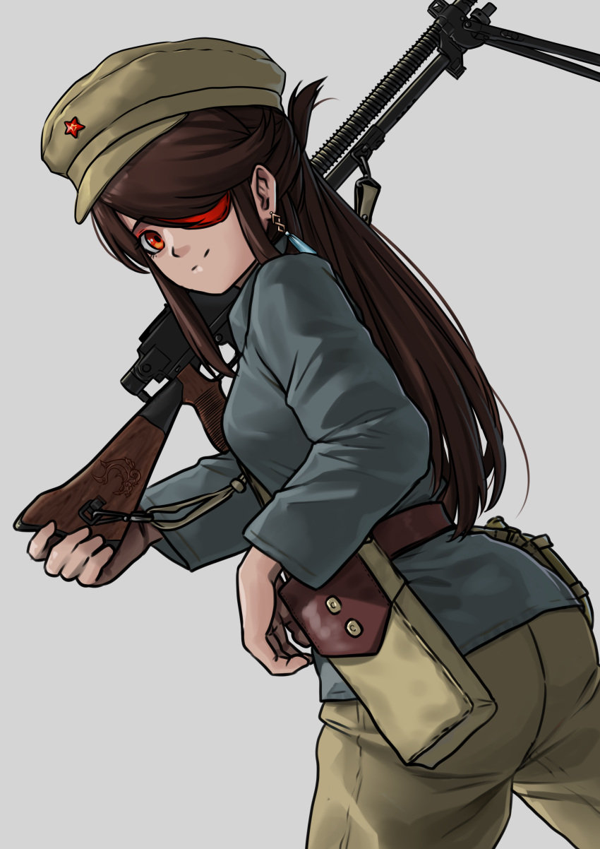 absurdres ammunition_pouch beidou_(genshin_impact) belt brown_hair chinese_civil_war commission earrings eyepatch genshin_impact gun highres jewelry kaibokan machine_gun magazine_(weapon) military_uniform pouch red_eyes single_earring type_99_light_machine_gun uniform weapon