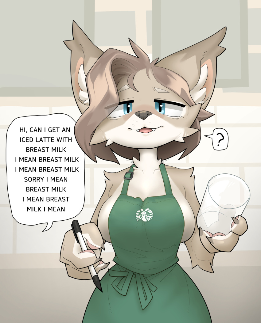 anthro apron apron_only black_nose blue_eyes brown_hair canid canine canis cheek_tuft choecoga clothing coyote dialogue ear_tuft english_text eyebrows facial_tuft female fur glass hair hi_res holding_glass holding_object holding_pen i_mean_breast_milk inner_ear_fluff looking_at_viewer mammal meme narrowed_eyes pen question_mark short_hair solo speech_bubble starbucks tan_body tan_fur text tuft