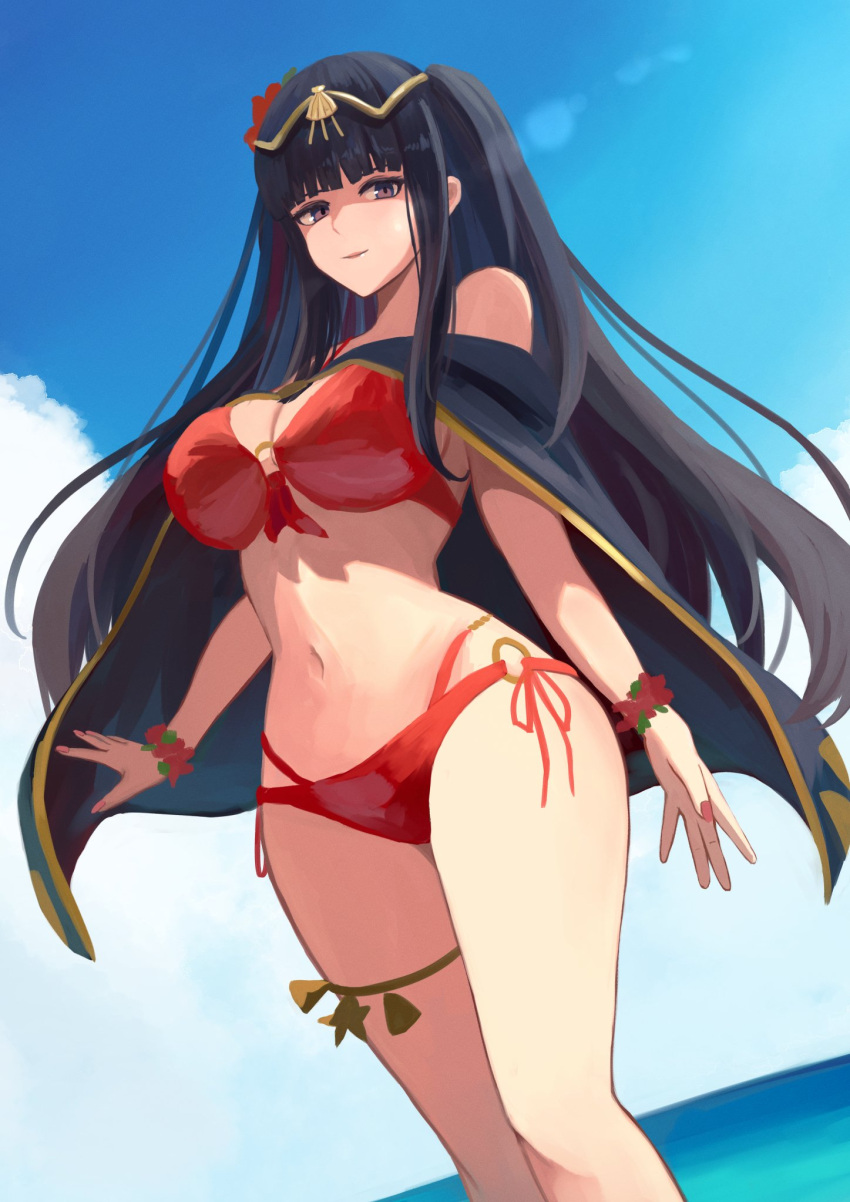 1girl bikini black_cape black_hair blue_sky blunt_bangs breasts cape cloud cloudy_sky dutch_angle fire_emblem fire_emblem_awakening fire_emblem_heroes gold_trim highres labebebe_lee lens_flare long_hair looking_at_viewer navel o-ring o-ring_bikini official_alternate_costume one_side_up pink_nails red_bikini sky smile swimsuit tharja_(fire_emblem) tharja_(summer)_(fire_emblem) tiara