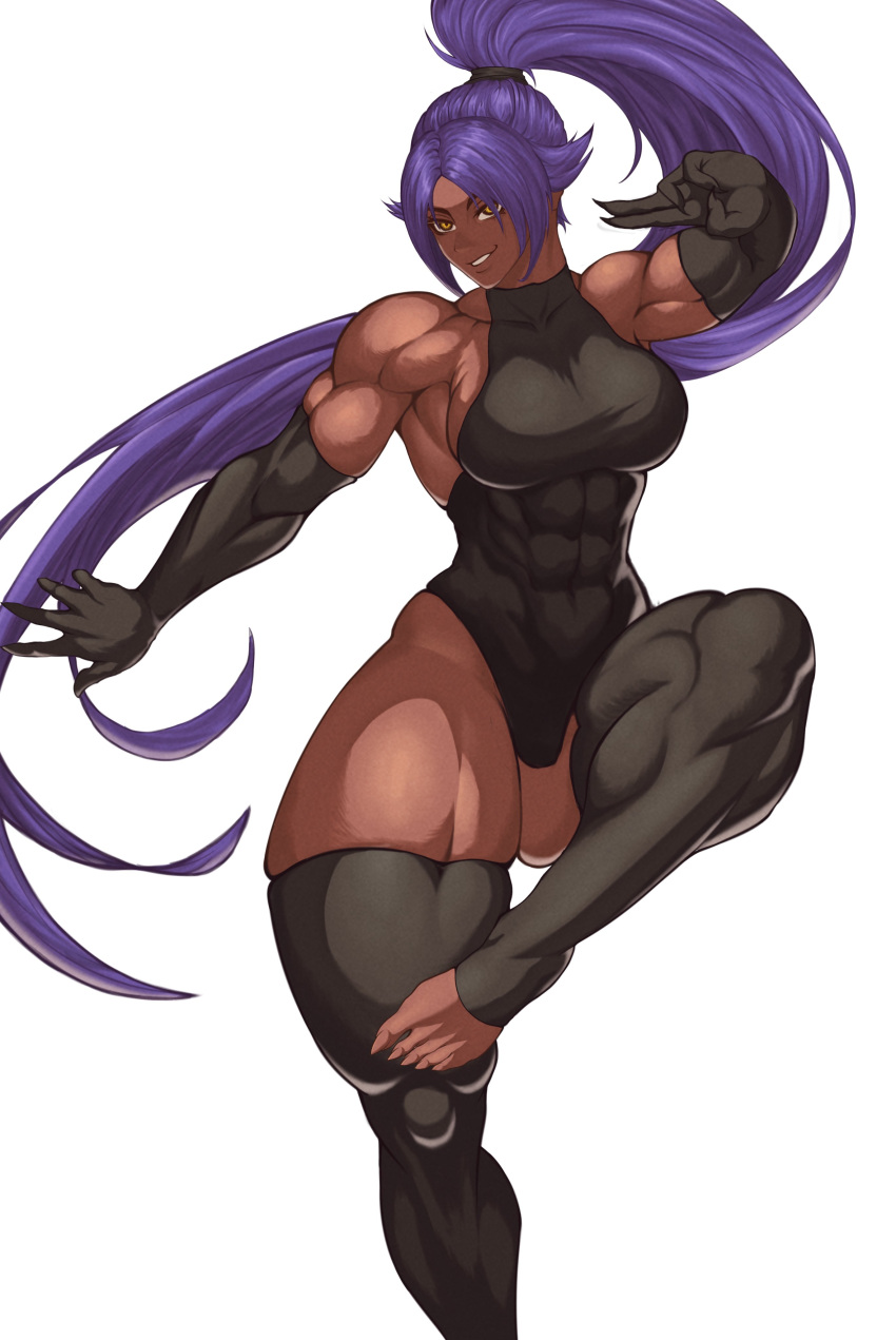 absurdres black_leotard bleach elbow_gloves fingernails gloves highres leotard long_hair milka01477 muscular muscular_female purple_hair sharp_fingernails sharp_toenails shihouin_yoruichi toeless_legwear toenails yellow_eyes