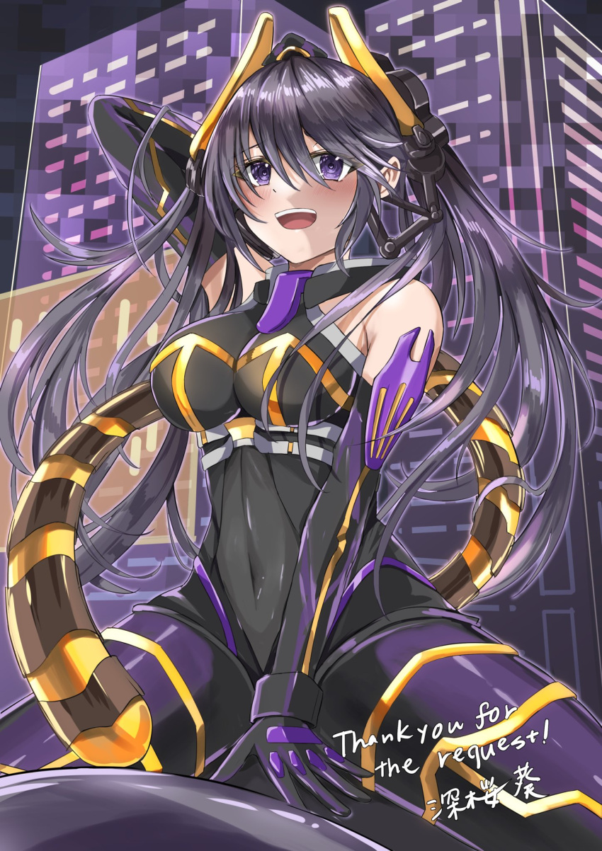 1girl bodysuit breasts brown_hair commission covered_navel duel_monster fake_tail gloves highres i:p_masquerena large_breasts long_hair misakura_aoi official_alternate_costume open_mouth purple_eyes sidelocks skeb_commission solo tail twintails yu-gi-oh!