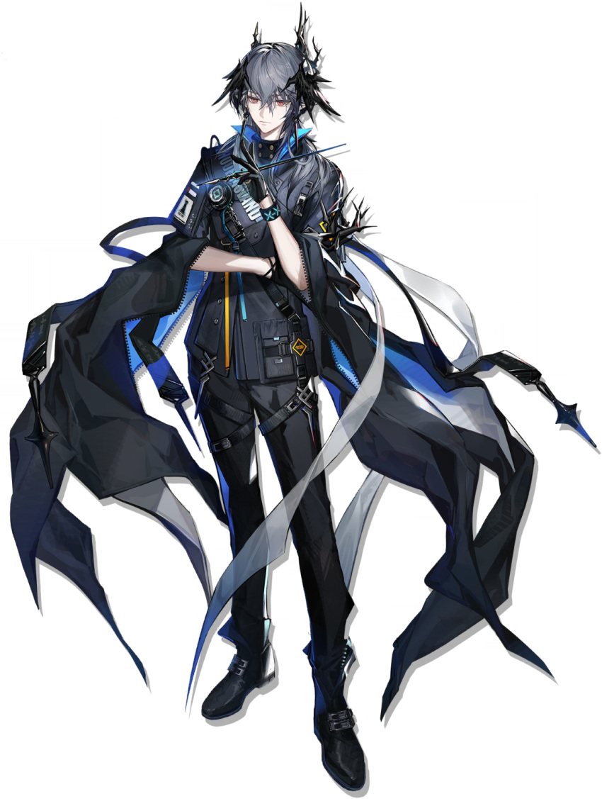 1boy arknights black_footwear black_gloves black_pants boots full_body gloves grey_hair grey_jacket hair_between_eyes hand_up highres holding holding_wand horns infection_monitor_(arknights) jacket logos_(arknights) looking_at_viewer male_focus official_art orange_eyes pants short_hair short_sleeves skade solo standing transparent_background wand