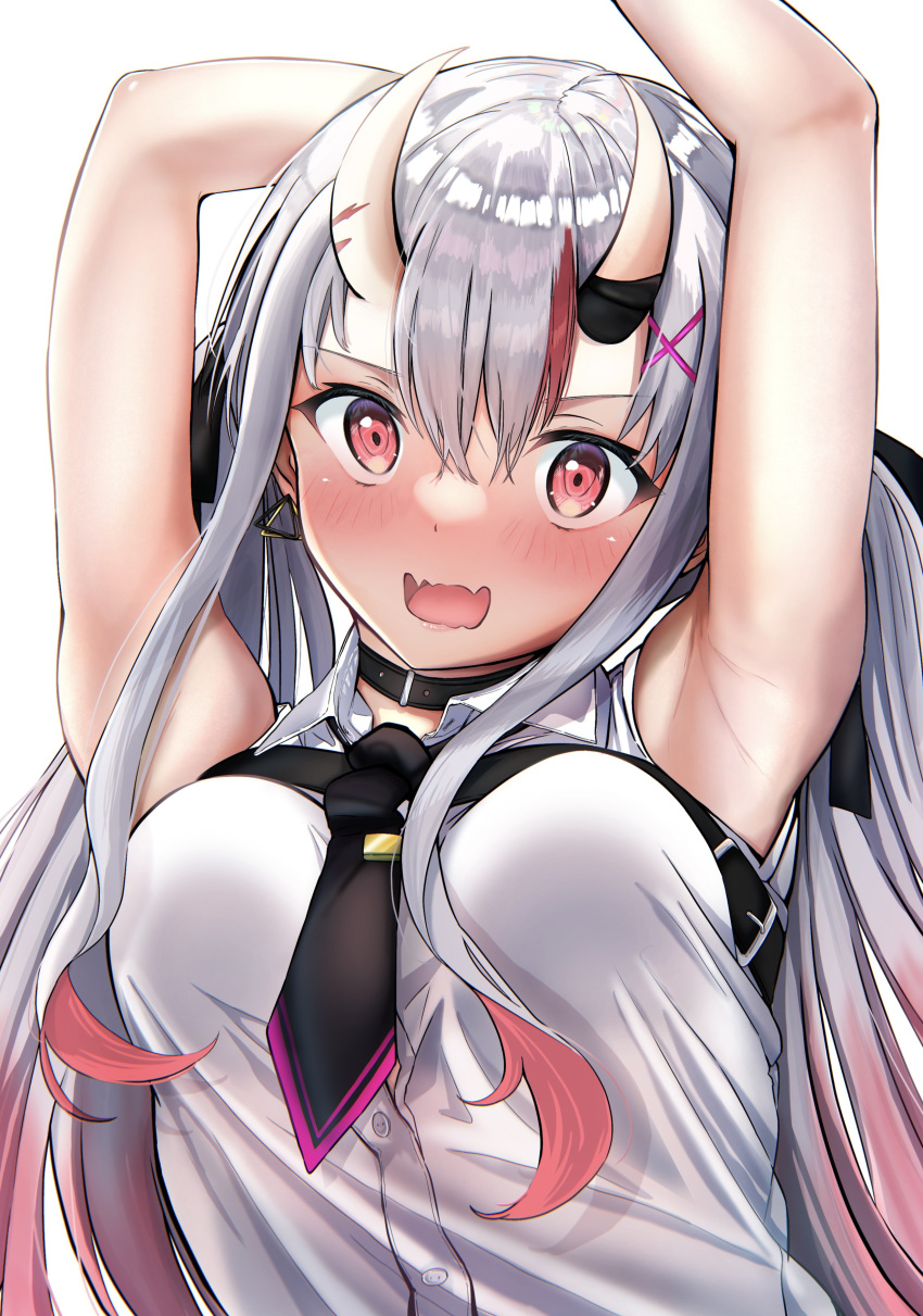 1girl absurdres armpits arms_up black_choker black_necktie black_ribbon blush breasts buttons center-flap_bangs choker collared_shirt commentary earrings embarrassed eyelashes fang gradient_hair grey_hair hair_between_eyes hair_ornament hair_ribbon highres hololive horns jewelry long_hair looking_at_viewer medium_breasts multicolored_hair nakiri_ayame nakiri_ayame_(streetwear) necktie nose_blush official_alternate_costume open_mouth pink_hair red_eyes red_hair revision ribbon shadow shiny_skin shirt short_necktie short_sleeves sidelocks skin-covered_horns skin_fang sleeveless sleeveless_shirt solo streaked_hair terra_bose tsurime twintails upper_body v-shaped_eyebrows very_long_hair virtual_youtuber white_background white_shirt x_hair_ornament