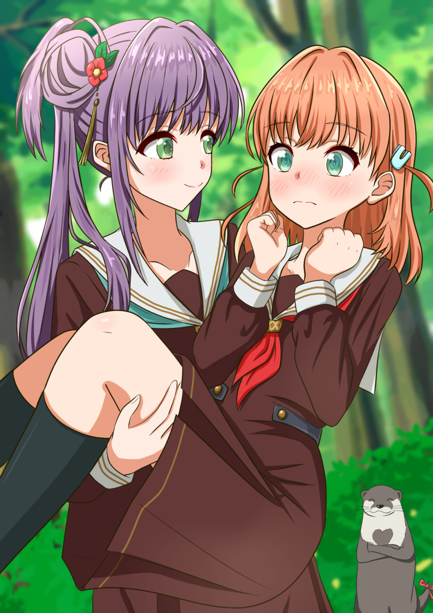 2girls 3: :3 ^_^ aqua_eyes aqua_neckerchief black_socks blush bow brown_dress carrying cerise_bouquet clenched_hands closed_eyes closed_mouth collarbone commentary_request crossed_bangs dress embarrassed flower forest green_eyes hair_bun hair_flower hair_ornament hands_up hasu_no_sora_school_uniform highres hinoshita_kaho kneehighs link!_like!_love_live! lone_nape_hair long_hair long_sleeves looking_at_another love_live! medium_dress medium_hair mimiu_p multiple_girls nature neckerchief nose_blush orange_hair otomune_kozue otter pleated_dress princess_carry purple_hair rabbit_hair_ornament red_bow red_flower red_neckerchief sailor_collar sailor_dress scene_reference school_uniform side_ponytail sidelocks single_side_bun smile socks tail tail_bow tail_ornament two_side_up virtual_youtuber white_sailor_collar winter_uniform