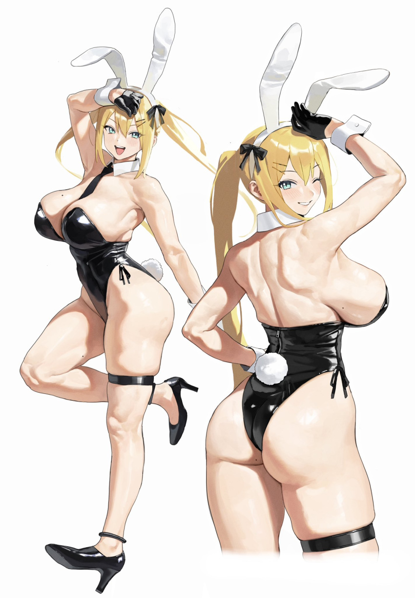 1girl animal_ears arm_up ass backless_leotard bare_shoulders black_bow black_footwear black_gloves black_leotard black_necktie blonde_hair blue_eyes blush bow breasts commentary cropped_legs detached_collar double-parted_bangs fake_animal_ears fake_tail floating_hair gloves grin hair_between_eyes hair_ornament hairpin hand_on_own_hip high_heels highleg highleg_leotard highres large_breasts leotard long_hair looking_at_viewer median_furrow mole mole_on_breast multiple_views necktie one_eye_closed open_mouth original playboy_bunny pumps rabbit_ears rabbit_tail riki_(riki_unc) shiny_clothes shoulder_blades side-tie_leotard simple_background skindentation smile strapless strapless_leotard symbol-only_commentary tail teeth thigh_strap twintails upper_teeth_only very_long_hair white_background white_wrist_cuffs wrist_cuffs