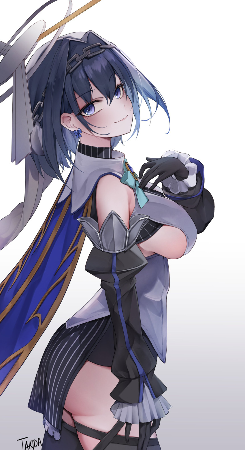 1girl absurdres black_gloves black_hair blue_eyes blue_hair bow bow_earrings breasts chain chain_headband clothing_cutout colored_inner_hair contrapposto detached_sleeves earrings gloves hair_intakes hair_ornament highres hololive hololive_english jewelry large_breasts leg_up looking_at_viewer multicolored_hair ouro_kronii ouro_kronii_(1st_costume) ribbon_earrings short_hair smile solo takida_185 underboob_cutout upper_body virtual_youtuber wide_sleeves